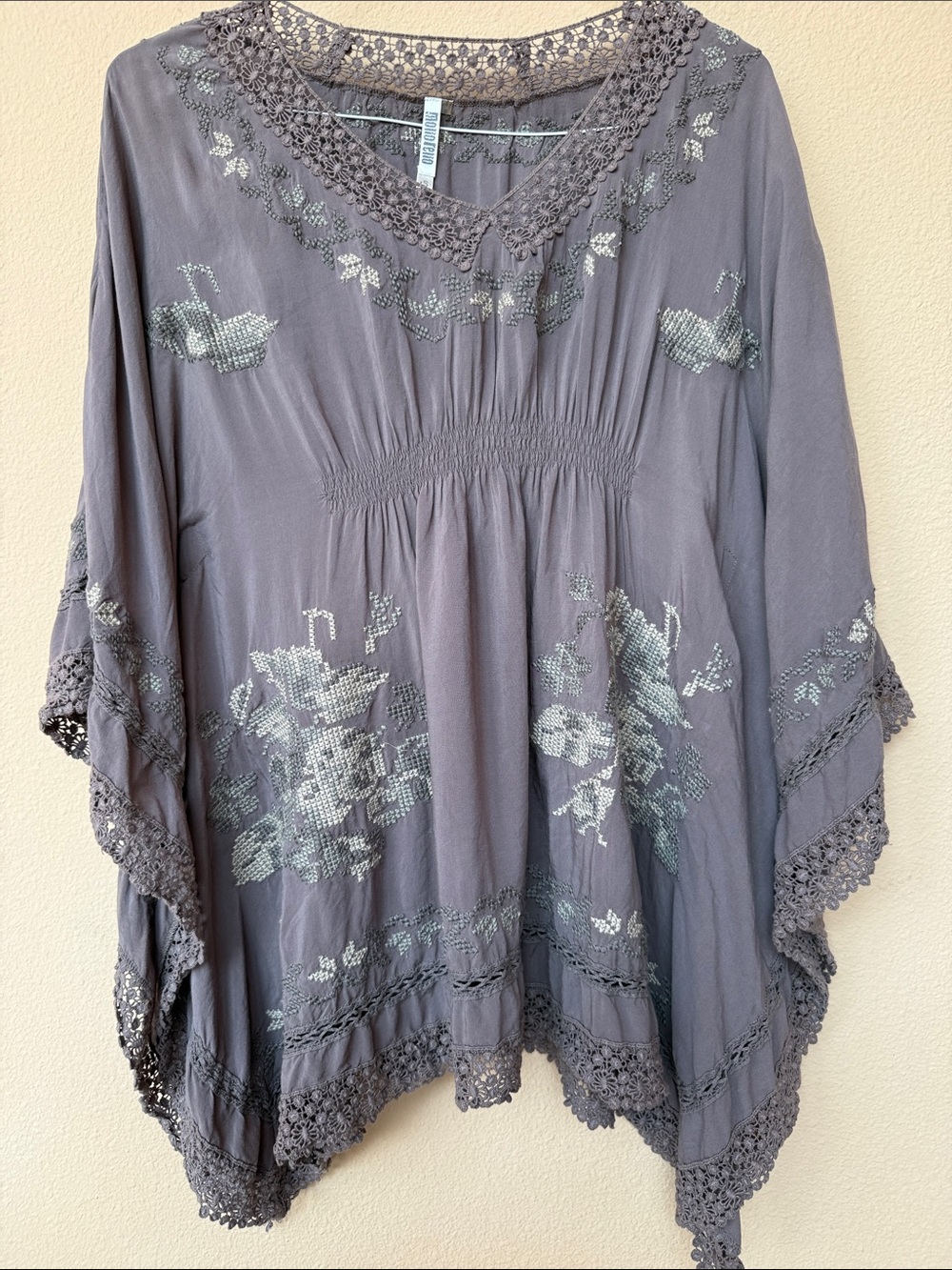 Banana Republic Gray Embroidered Crochet-Trim Tunic